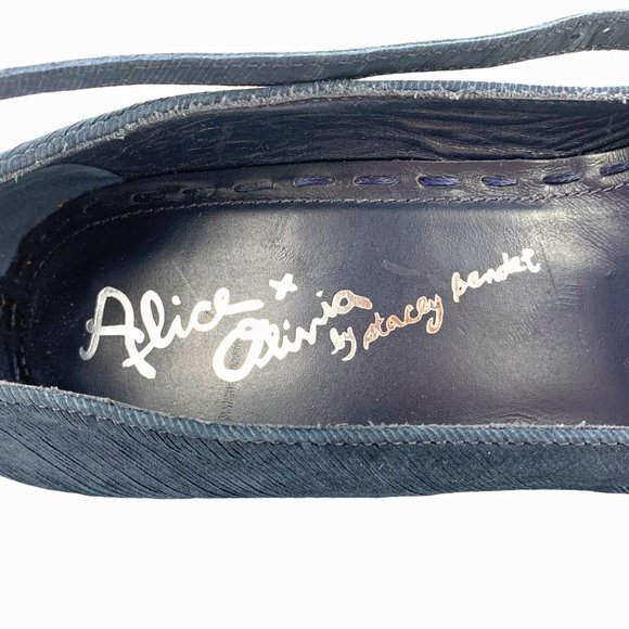 ALICE + OLIVIA Makayla Navy Blue Kid Suede Ankle Strap Stilettos - Picture 3 of 11